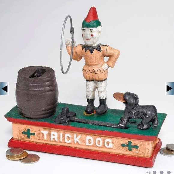 ANTIQUE MECHANICAL “trick dog” cast iron coin bank